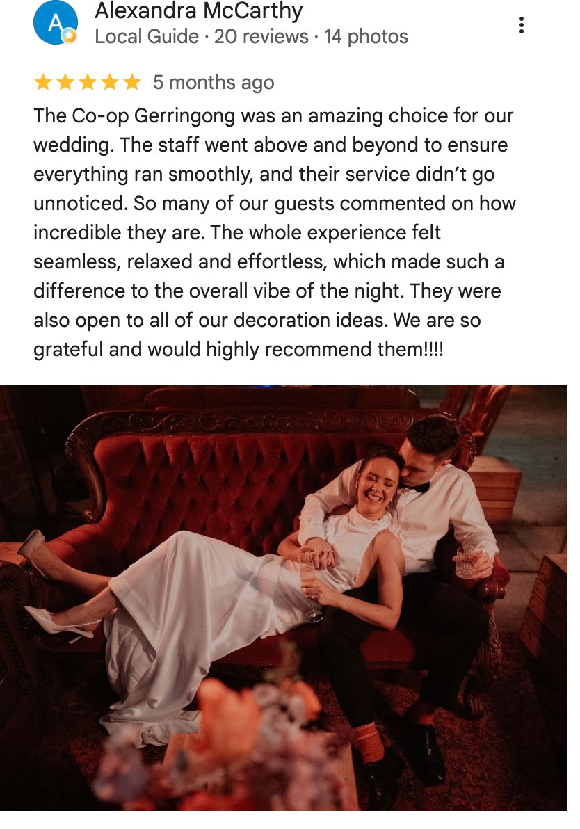 Five-star Google review from Alexandra McCarthy about her wedding at The Co-Op