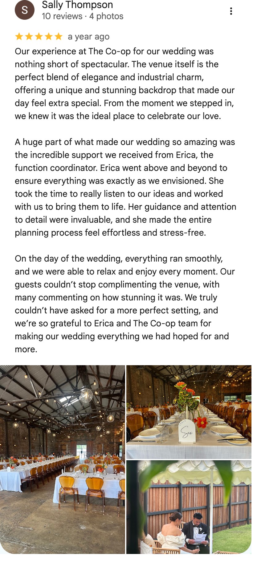 Five-star Google review from Sally Thompson about her wedding at The Co-Op