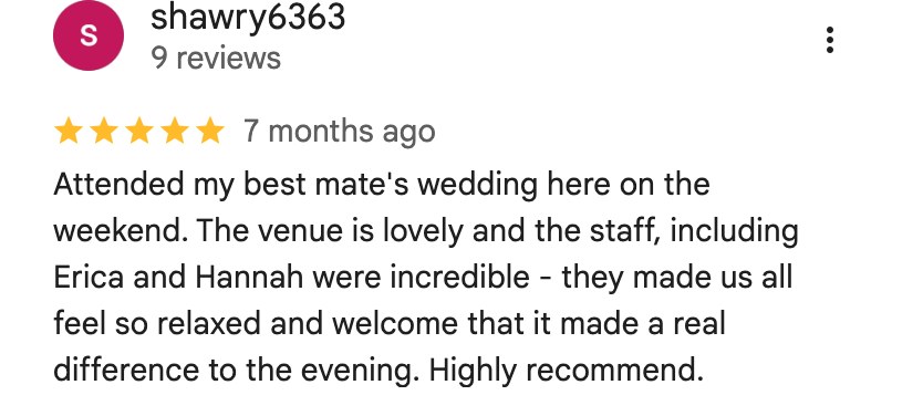 Five-star Google review from a guest at a friend&rsquo;s wedding at The Co-Op
